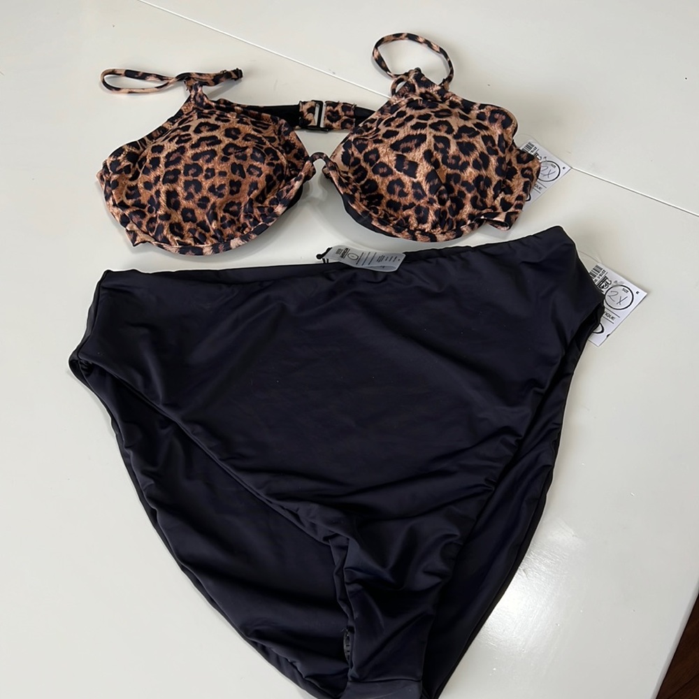New!! Good American Bikini Leopard Top High Waist Black Bottom Size 5/2X